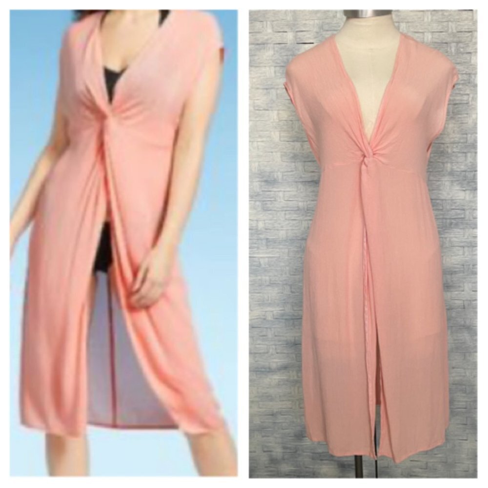 Kona Sol Swim‎ Cover Up Midi Medium Pink Twist Front Duster Kimono
